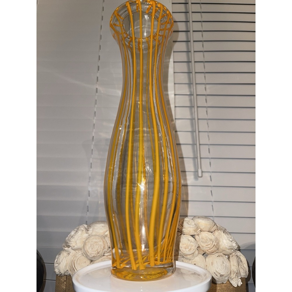 Vintage Orange & White Striped Hand Blown Tall Glass Vase 15" Tall